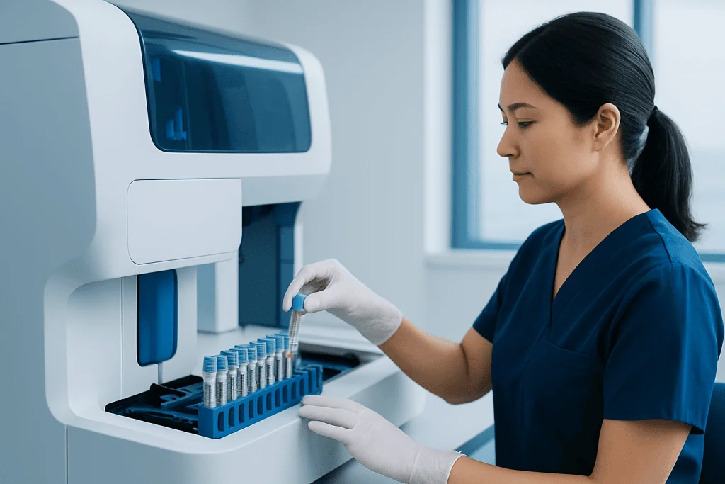 Laboratory technician preparing blood samples for analysis in a modern lab.