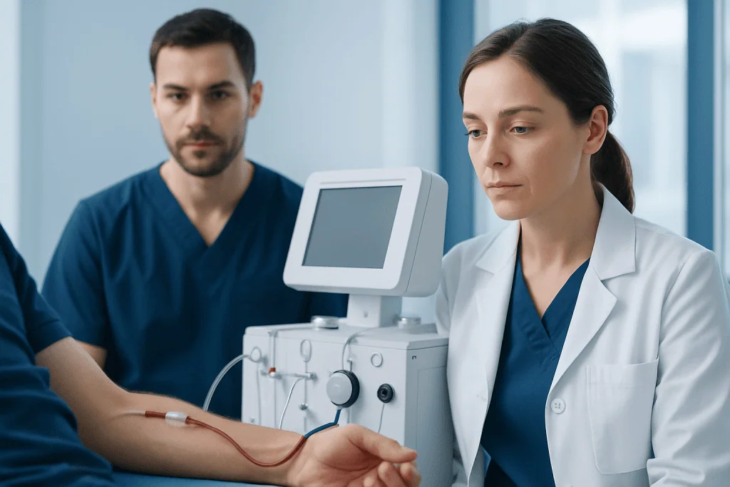 Medical professionals performing a blood test in a hospital setting.