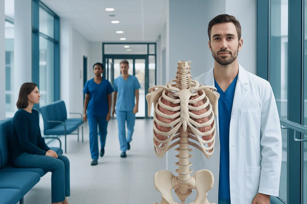Thorax — Explained by Medical Evidence, Not Myths 1 Doctor holding a thorax model in a hospital corridor with patients nearby.