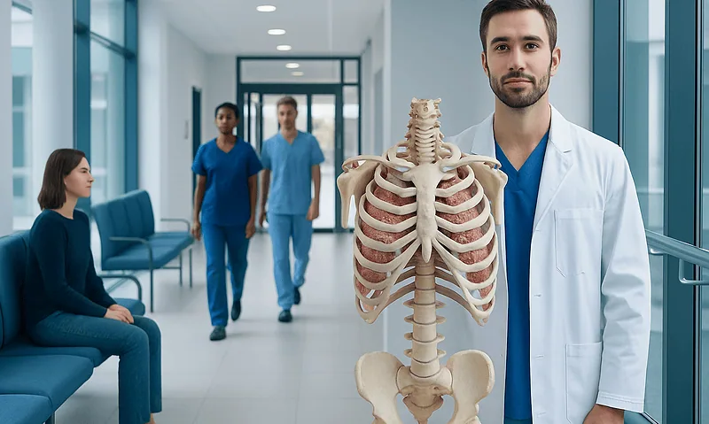 Doctor holding a thorax model in a hospital corridor with patients nearby.