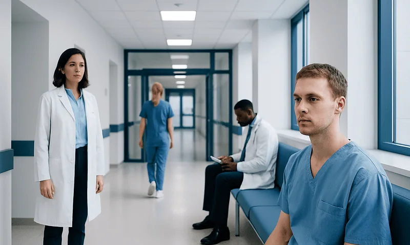 Medical professionals waiting in a hospital corridor with a patient and staff.