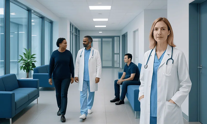 Medical professionals and patients in a modern hospital corridor.