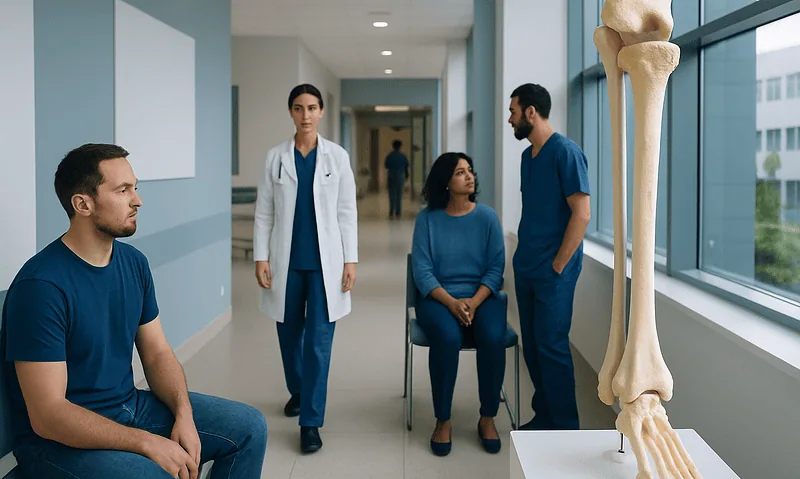 Medical team discussing tibia bone health in hospital corridor.