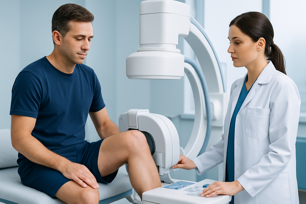 Patient undergoing knee imaging at Acibadem Hospital.