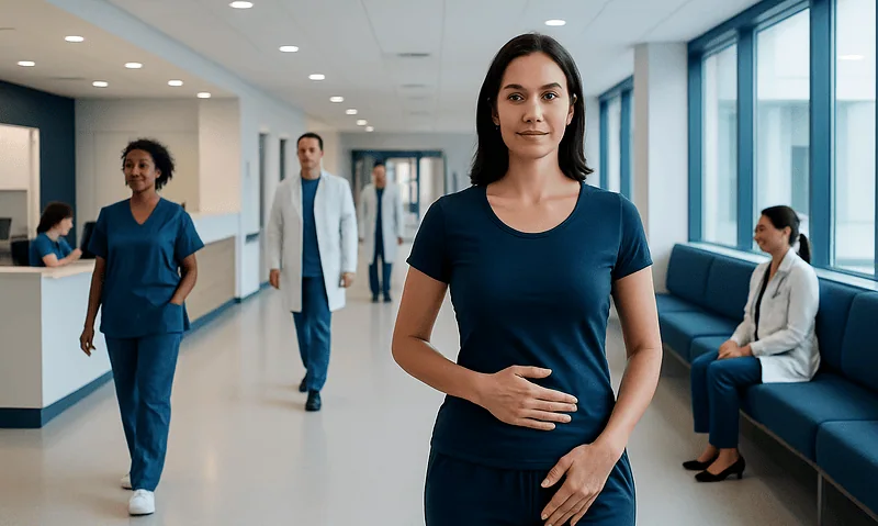 Healthcare professionals walking in hospital corridor at Acibadem Hospitals Group.