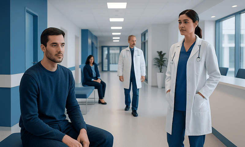 Patient waiting in hospital corridor with medical staff nearby.