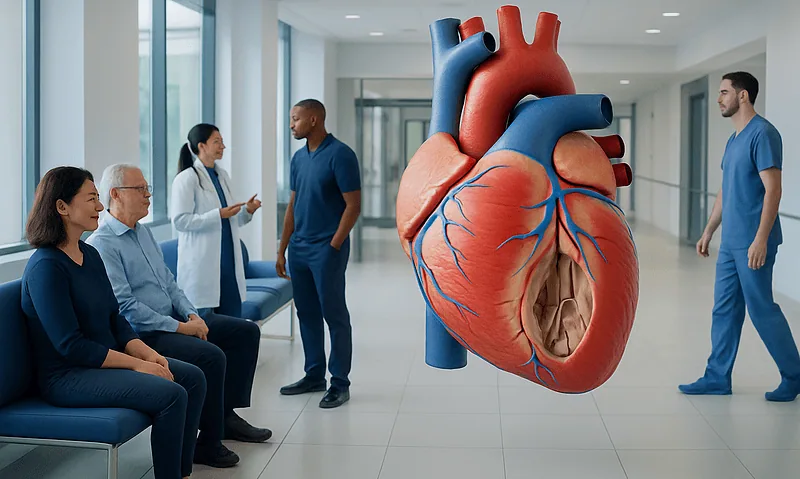 Medical team and patients in hospital with a 3D heart model for cardiac care.