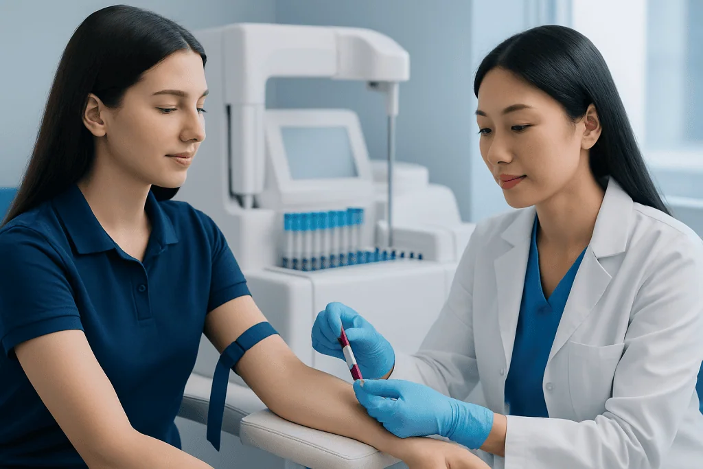 Medical professional drawing blood from a patient in a clinical setting.