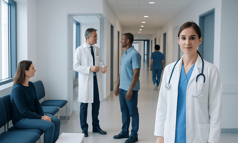 Healthcare professionals and patient in hospital corridor at Acibadem Hospitals Group.