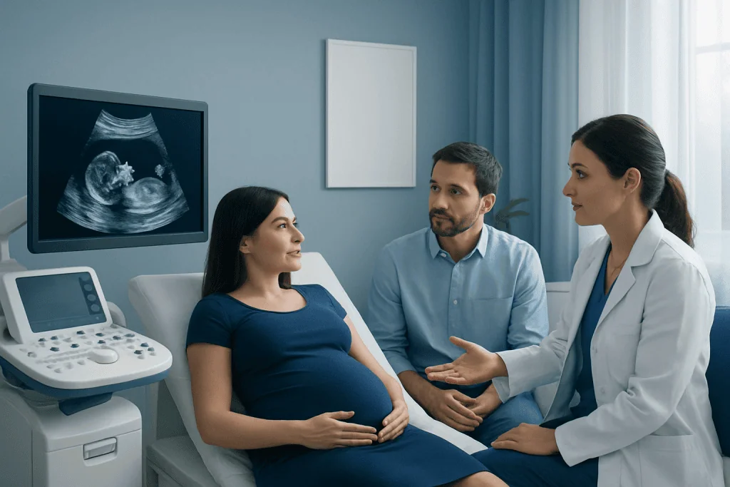 Pregnant woman consulting with doctor during ultrasound at hospital.
