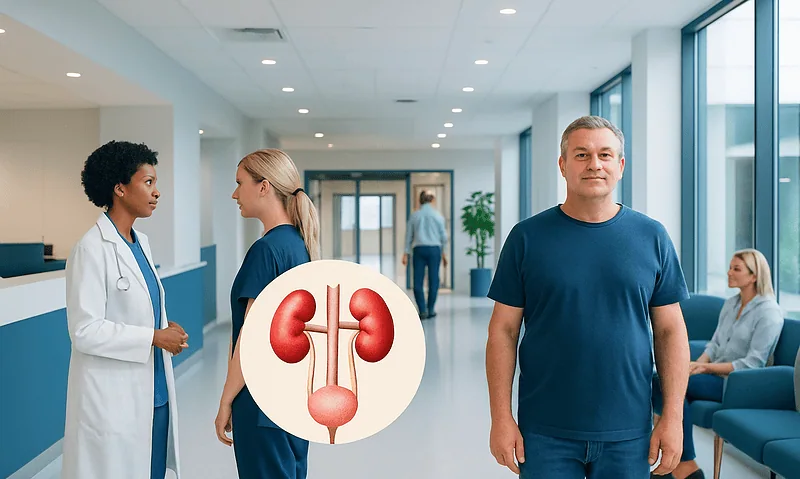 Urologist and nurse discussing patient care in hospital corridor.