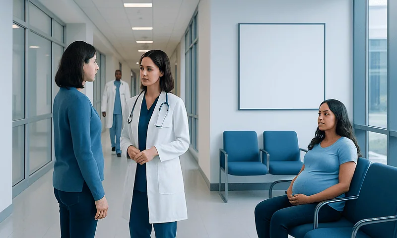 Doctor consulting with pregnant woman in hospital corridor.