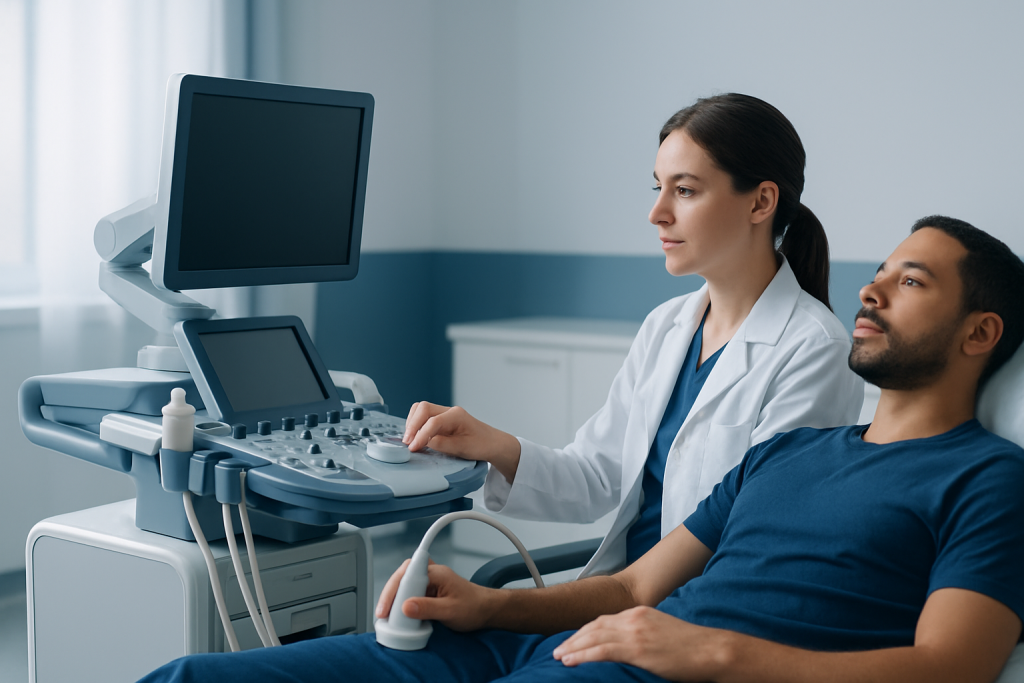 Medical professional performing ultrasound on male patient in clinic.