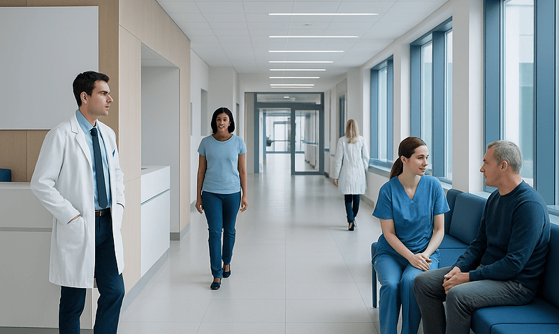 Medical professionals and patients in a modern hospital corridor.