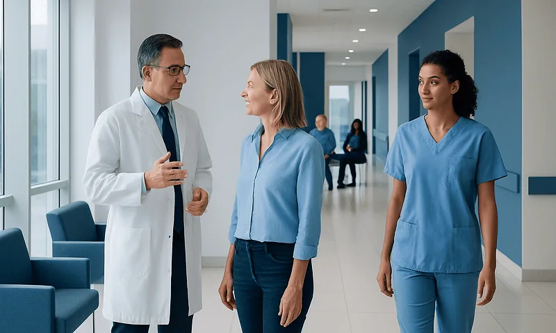 Doctor consulting with a patient in a hospital corridor with healthcare staff in the background.