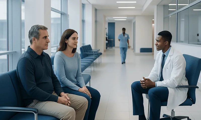 Doctor consulting with patients in a modern hospital waiting area.