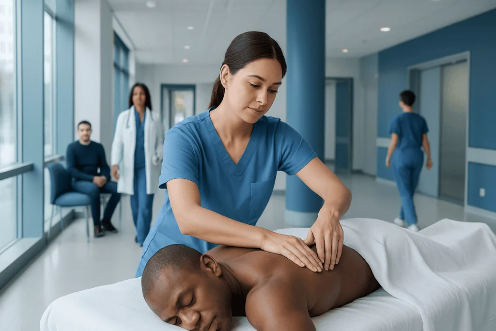 Therapeutic Massage — Explained by Medical Evidence, Not Myths 1 Therapist providing massage therapy in a modern hospital setting.