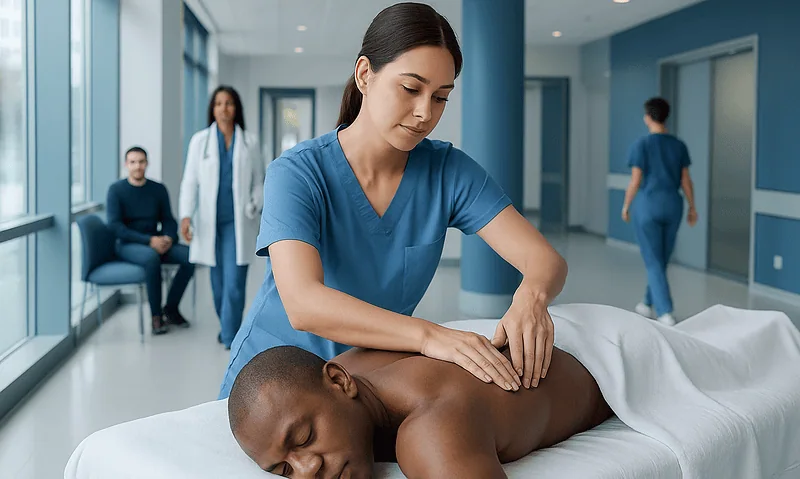 Therapist providing massage therapy in a modern hospital setting.