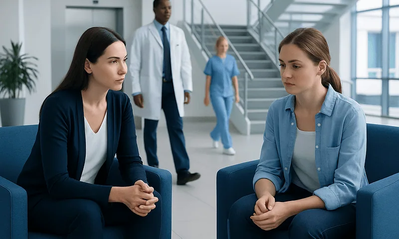 Two women in a therapy session at a hospital or clinic setting.