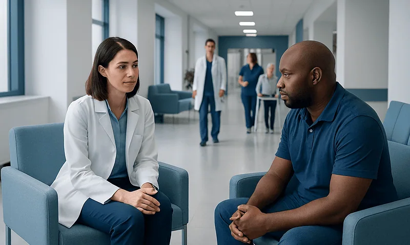 Doctor and patient in a hospital counseling session.