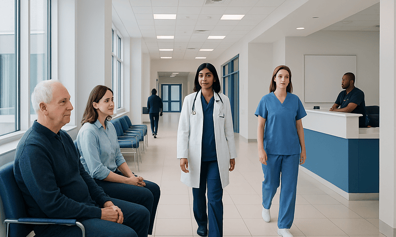 Diverse healthcare professionals and patients in a modern hospital corridor.
