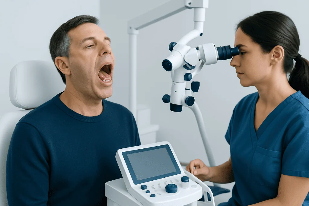 ENT specialist examining patient's throat with a microscope.
