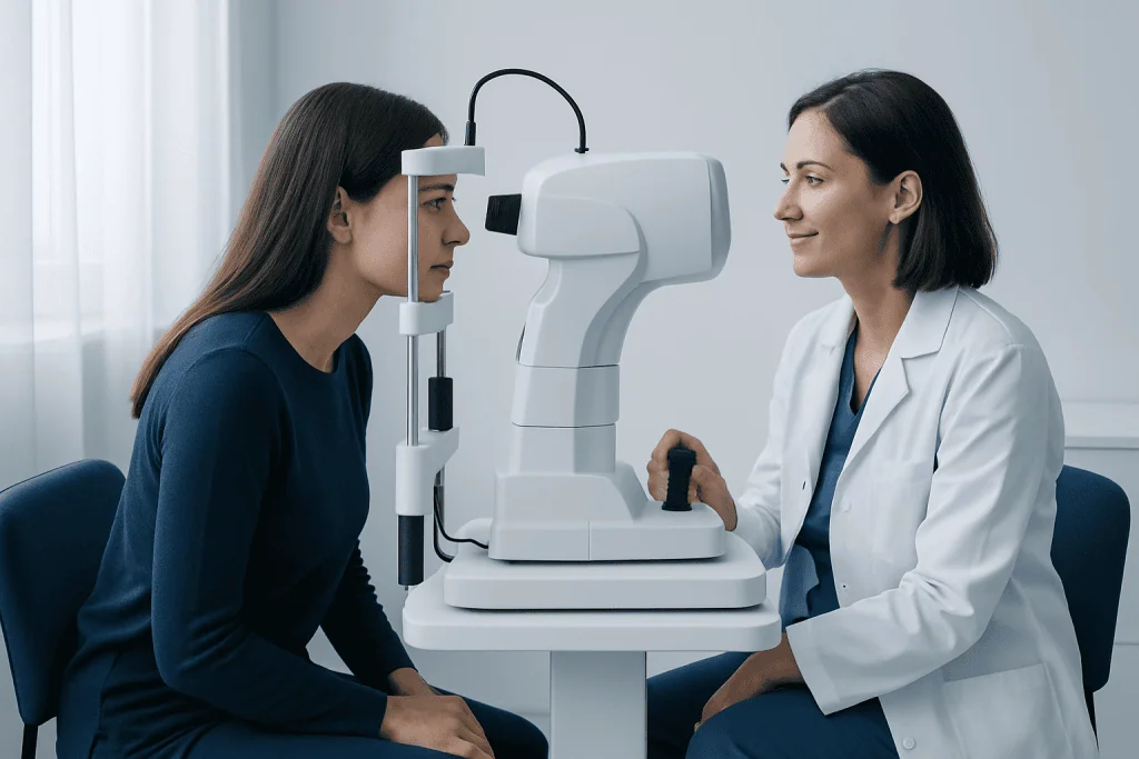 Optometrist performing eye exam with advanced equipment at Acibadem Hospital.