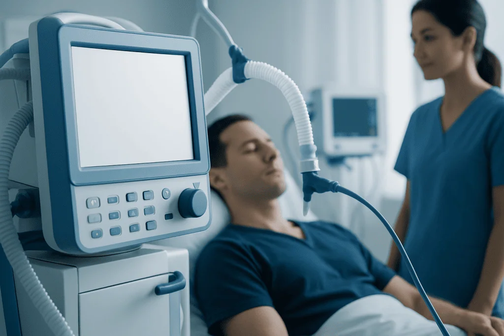 Patient undergoing respiratory therapy in a hospital setting with medical staff present.