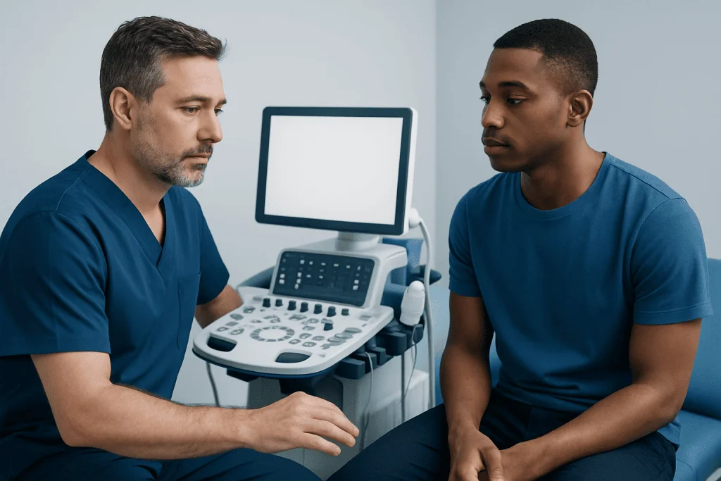 Doctor consulting with a patient using ultrasound equipment at Acibadem Hospital.