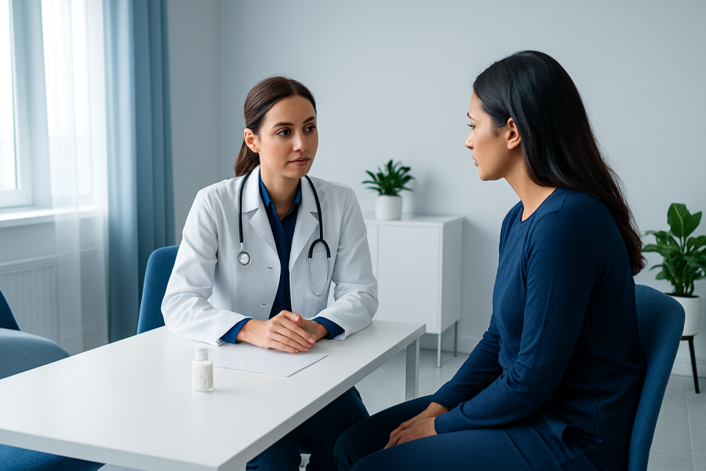 Doctor consulting with patient in a modern clinic setting.
