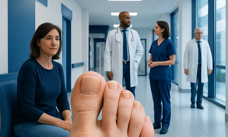 Medical consultation about toenail health in a hospital corridor.