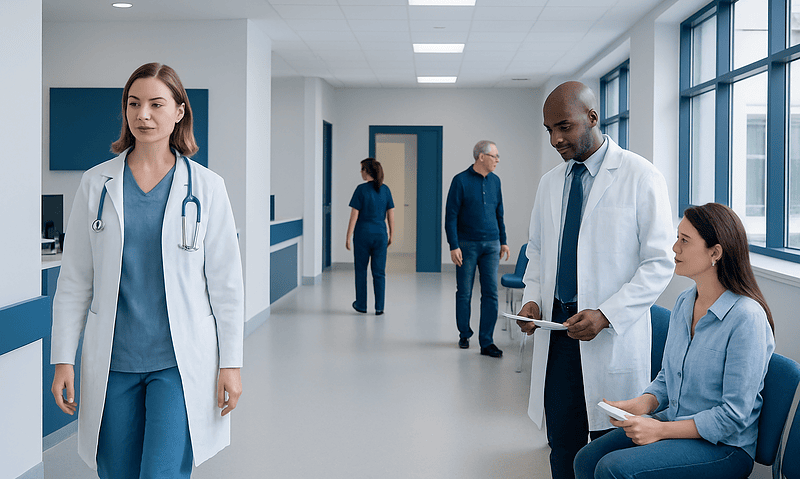 Medical professionals and patients in a hospital corridor at Acibadem Hospitals Group.
