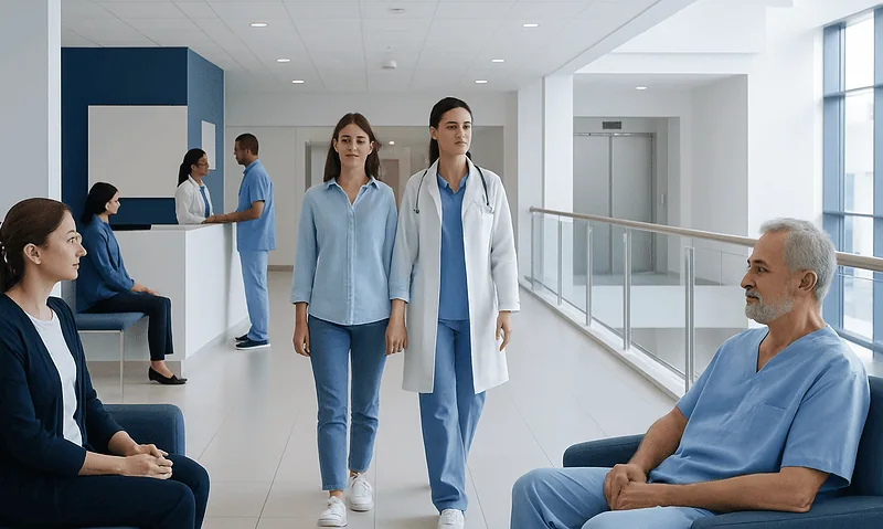 How to Choose Between Hospital Stay and Outpatient Treatment in Turkey 6 Patients and medical staff in a modern hospital corridor in Turkey.