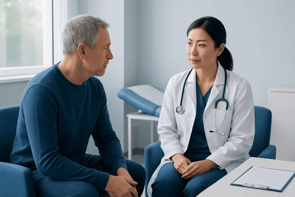 Doctor consulting with a male patient in a medical office.