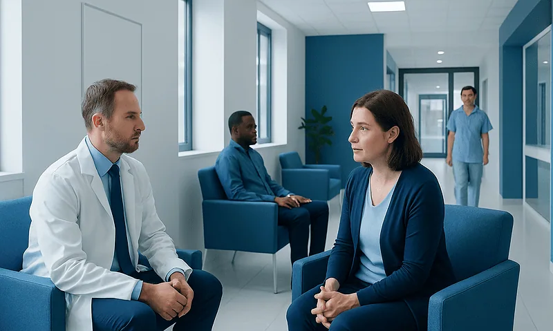 Doctor consulting with a patient in a hospital corridor.