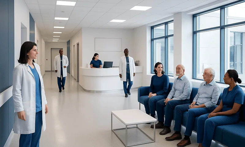 Patients waiting in a modern hospital corridor with medical staff nearby.