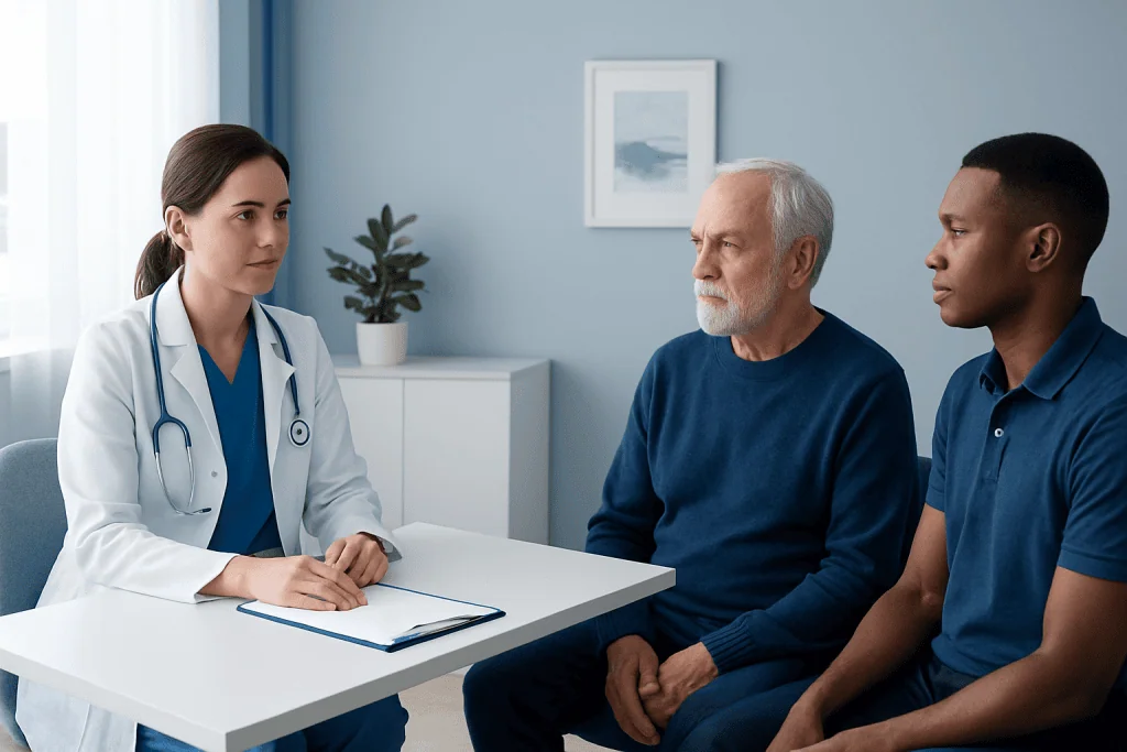 Doctor consulting with senior and young male patient in clinic.