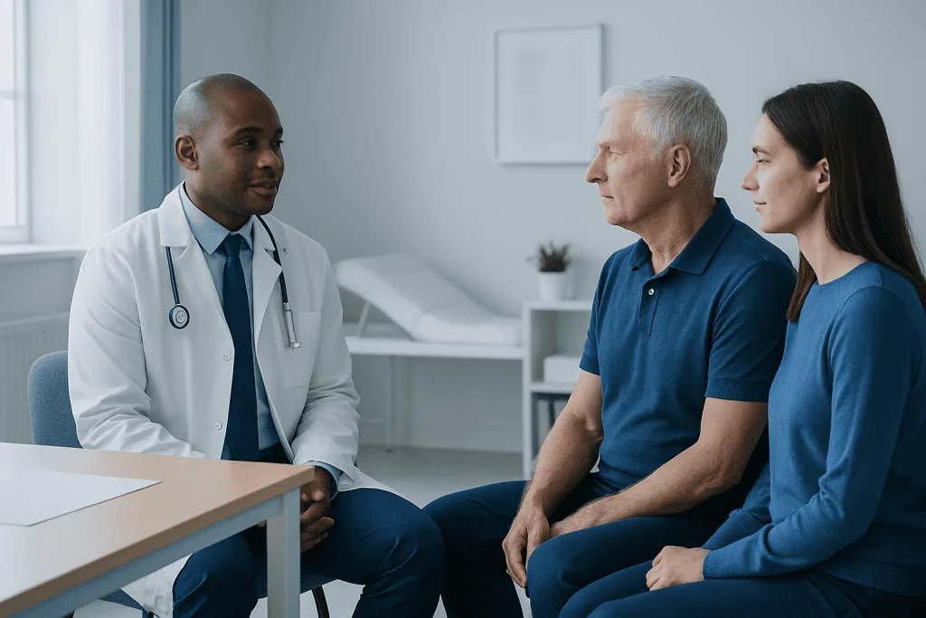 Doctor consulting with a middle-aged patient and his partner in a medical office.
