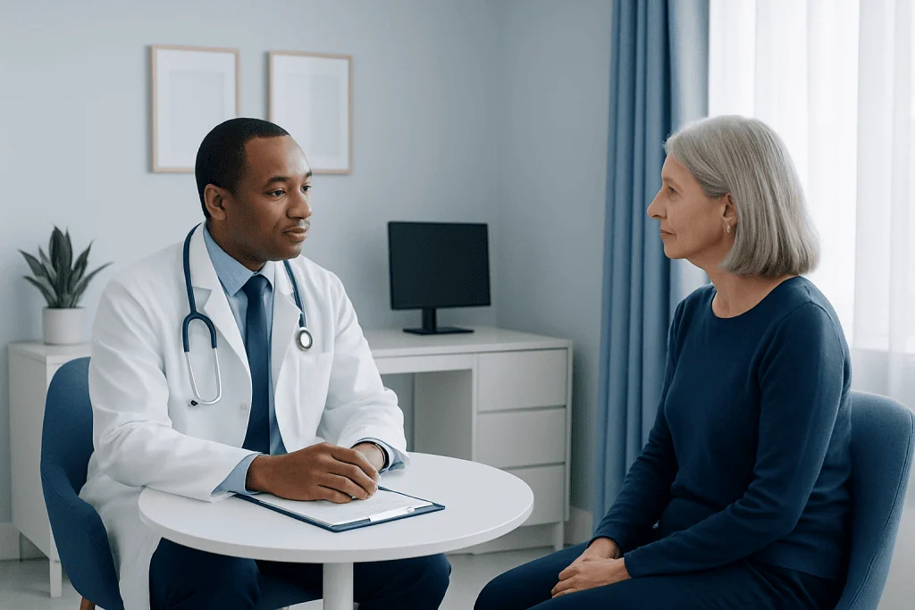 Doctor consulting with an elderly female patient in a medical office.