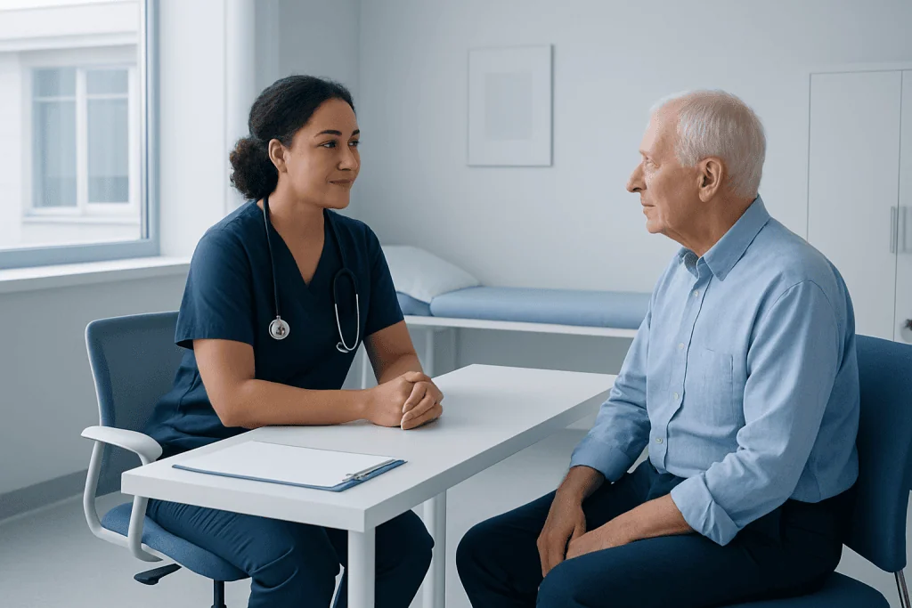 Doctor consulting elderly patient in a medical office.