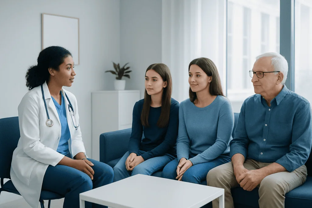Doctor consulting with two young women and an older man in a medical office.