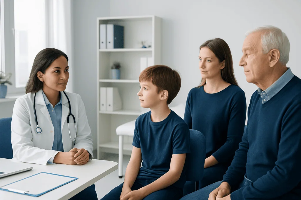 Doctor consulting with a family in a medical office setting.