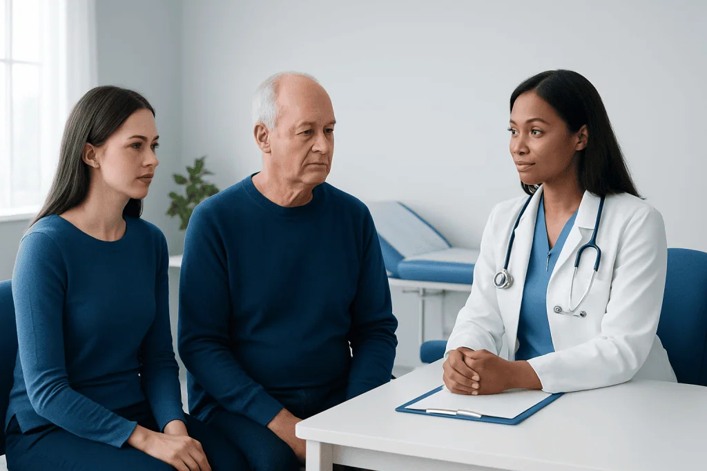 Doctor consulting with a patient and companion in a medical office.