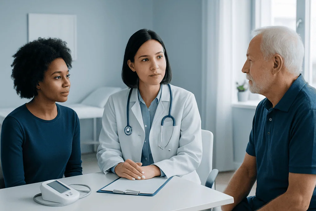 Doctor discussing health with a patient and companion in a clinic setting.
