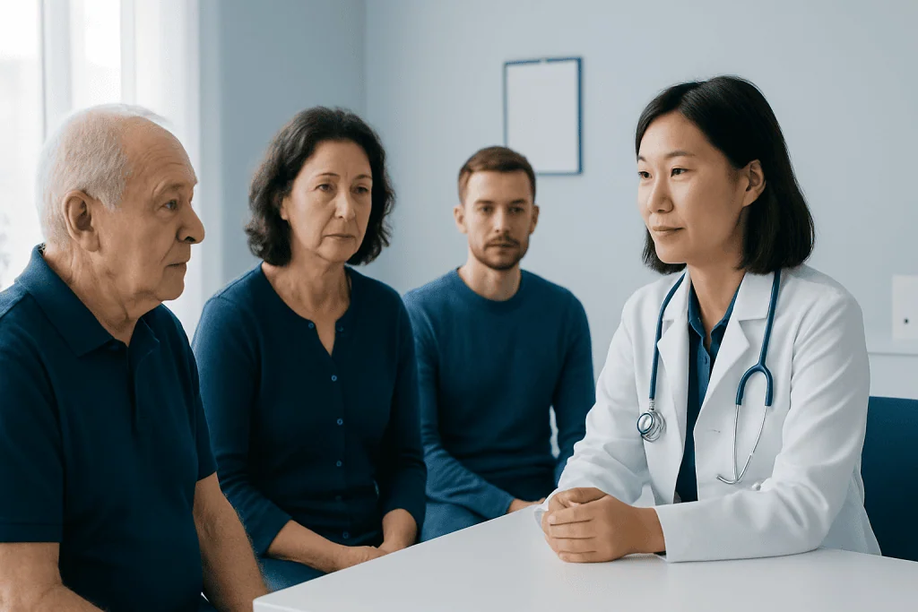 Doctor consulting with elderly patients about blood pressure health.