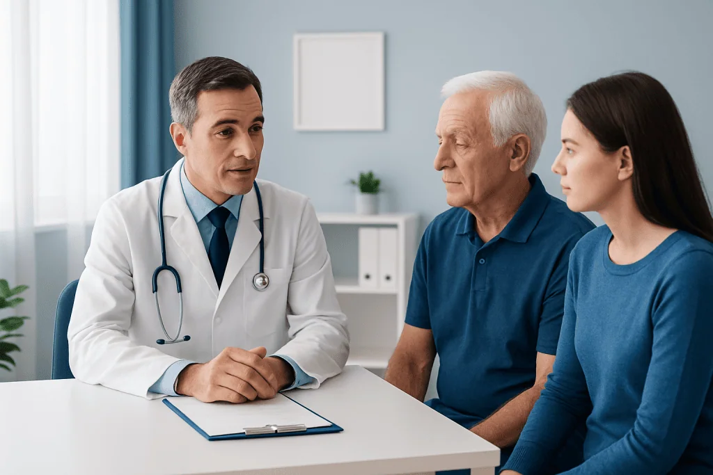 Doctor consulting with elderly male and young female patient in clinic.