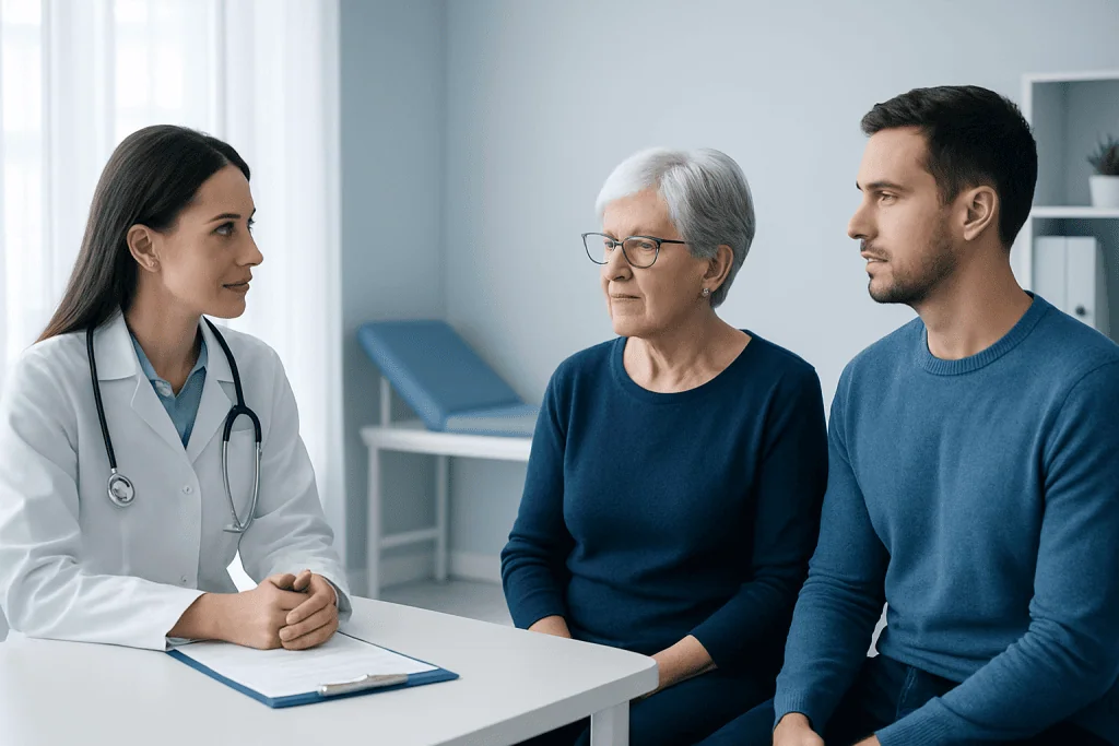 Doctor consulting elderly woman and her son in a medical office.
