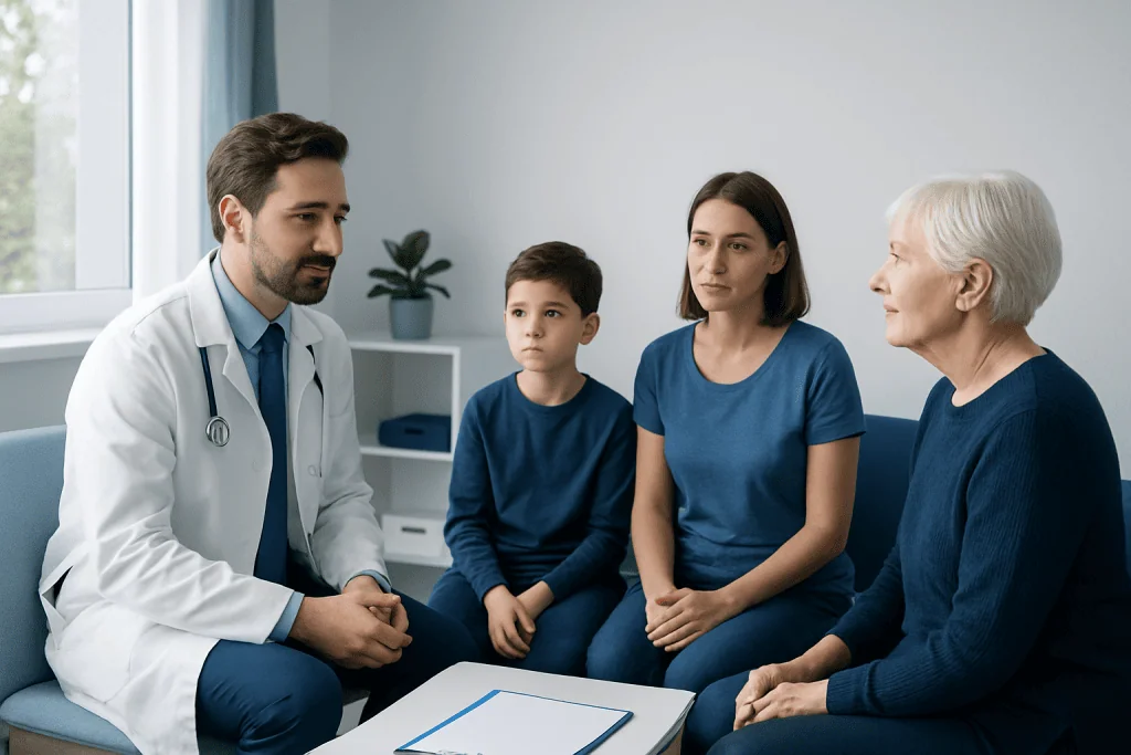 Doctor consulting with family about blood pressure health in clinic.