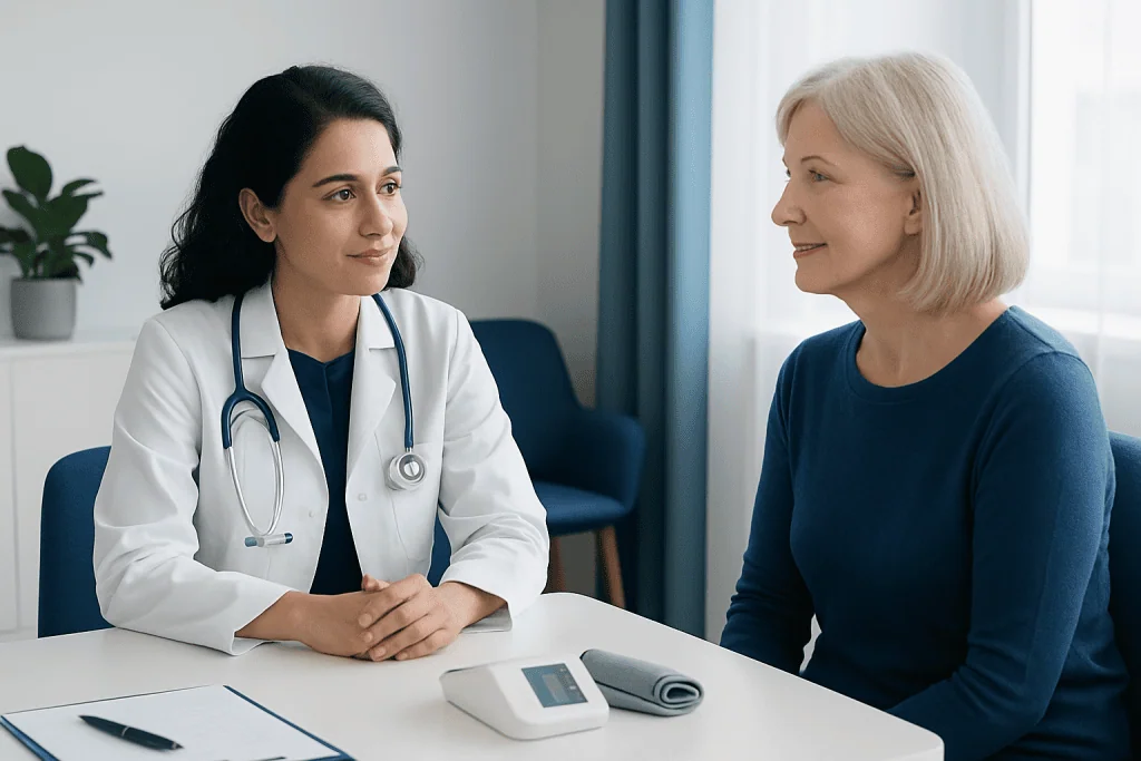 Doctor consulting with an elderly woman in a medical office.