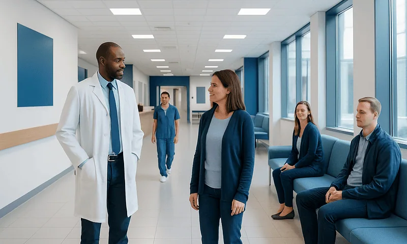Doctor talking to patient in hospital corridor with waiting area.
